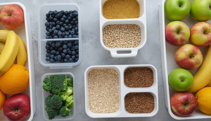 Top view of fruits, grains, and vegetables neatly stored in plastic containers. Concept of meal prep, healthy eating, nutrition, and clean food organization in the kitchen.