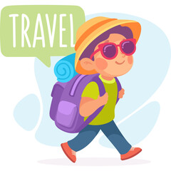 Happy Cartoon Boy with Backpack Sunglasses and Sun Hat Walking Outdoors During Daytime Adventure Illustration