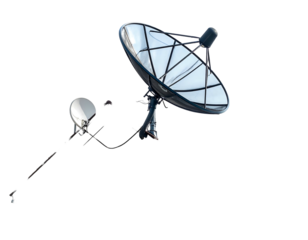 Satellite dish receiver and smaller dish stand out on a stark, dark background with sunlit reflections