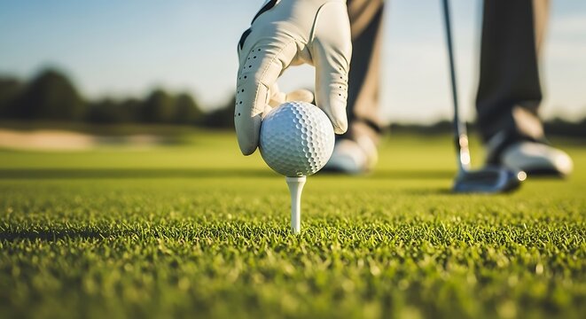 Golf ball on tee with gloved hand golf club putting green