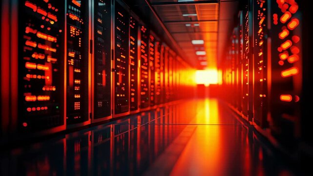 Data center corridor with server rack and network hardware in red lighting and glowing lights, technology cybersecurity cloud infrastructure hallway