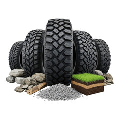 Offroad tires with rocks and grass isolated on transparent background