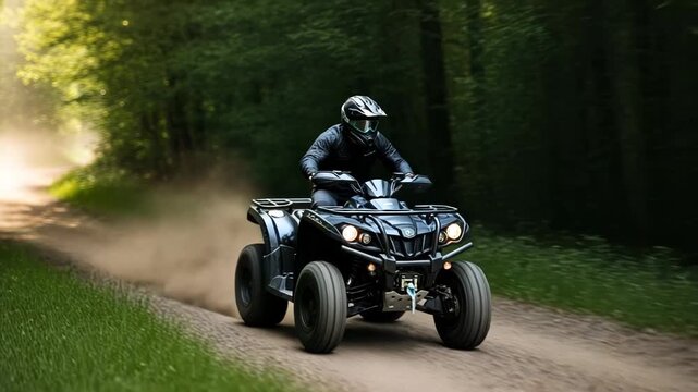 Rider on a black atv speeding down a dirt path