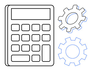 Calculator alongside two interlocking gears suggesting collaboration, calculation, and mechanics. Ideal for finance, accounting, engineering, planning, optimization budgeting and strategy. Simple