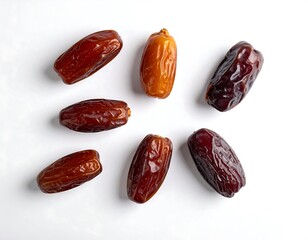 seven assorted dates scattered on a clean white background, showing rich brown, amber, and dark shades. ramadan iftar food.
