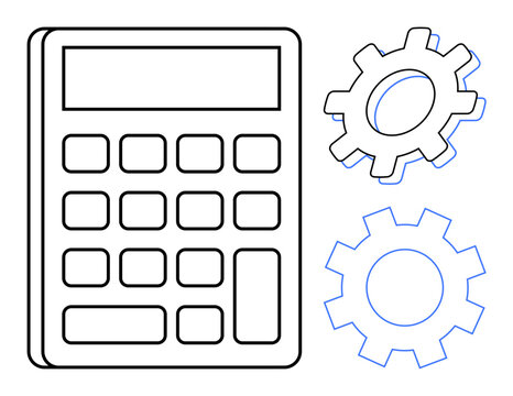 Calculator alongside two interlocking gears suggesting collaboration, calculation, and mechanics. Ideal for finance, accounting, engineering, planning, optimization budgeting and strategy. Simple