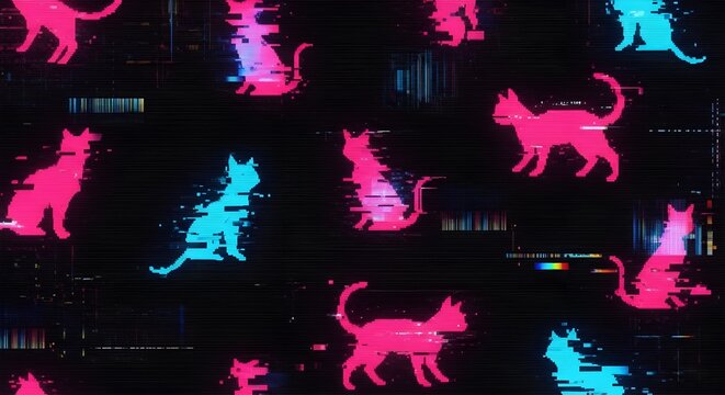 A cyberpunk glitch art pattern of pixelated cat silhouettes in neon pink and electric blue. Digital distortion effects, static lines, and holographic elements on a black background. Futuristic and edg