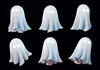 Set of 3D halloween ghost isolated on black background. Cute ghosts in various white sheet costumes. Childish spooky boo characters. October holiday spirits. Cute ghost characters. 3d halloween icons
