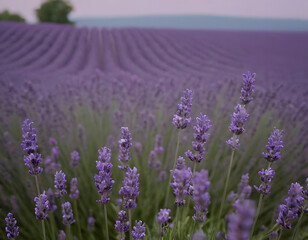 Obraz premium Lavender flowers set against a soft, purple background create a calming and serene atmosphere, perfect for relaxation and tranquility. delicate blooms add a touch of elegance and natural beauty.