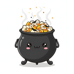 Cauldron of candy corn popcorn, Halloween movie snack, white background