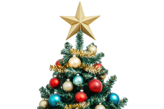Festive Evergreen Tree With Ornaments isolated on a transparent background