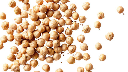 Pile of beige, round chickpea beans scattered on a stark black backdrop
