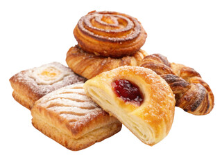 Delicious assortment of fresh baked sweet danish pastry for breakfast or dessert. tempting variety of flaky treats with jam and icing sugar