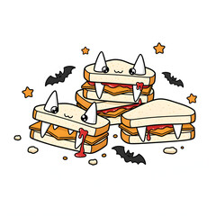 Dracula's fang sandwiches cheese and bread forming playful fangs, presented with impeccable styling, white background