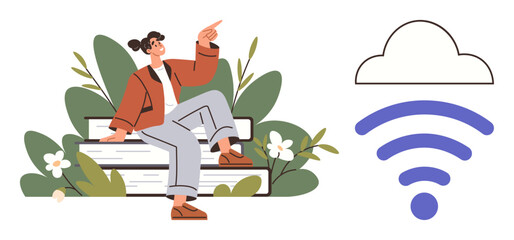 Woman sitting on park bench with greenery, pointing peacefully. Blue cloud and wireless signal icon signify digital connectivity. Ideal for nature, technology, relaxation, mindfulness, balance