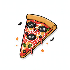 A single slice of spiderweb pizza, featuring charming cartoon spiders carefully placed on delicate web lines, white background