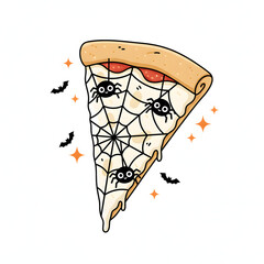 A single slice of spiderweb pizza, featuring charming cartoon spiders carefully placed on delicate web lines, white background