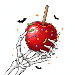 A candy apple held by an elegantly rendered playful skeleton hand, adorned with delightful sprinkles, Halloween fair food, white background