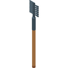 CloseUp Isometric View Of A Silver Tined Rake Tool With A Brown Wooden Handle And Gray Shaft Against A White Background