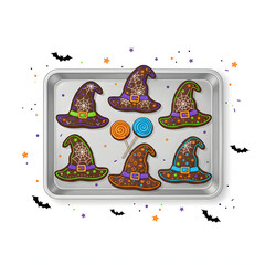Witch hat cookies with colorful icing designs, Halloween baking, white background