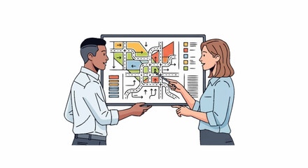 Two professionals, a man and a woman, collaborate by a large digital display showing a colorful urban planning map with various zones and street layouts.
