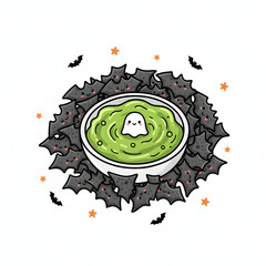 Bat-shaped tortilla chips with green guacamole "slime" dip, Halloween appetizer, white background