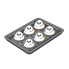 A pristine tray of ghostly meringue cookies, each with a subtly expressive face, arranged with artistic precision on white background