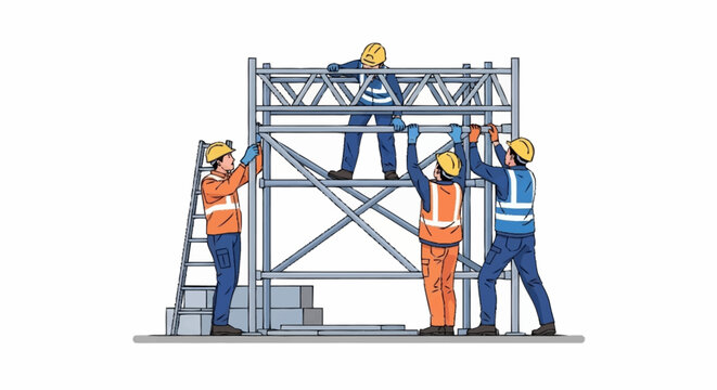 Construction workers assembling scaffolding structure, collaborating on a building project with safety gear.
