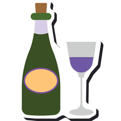 A Simple Flat Illustration of a Green Wine Bottle and a Glass of Purple Liquid on a Transparent Background