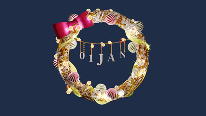 christmas wreath colorful light blub ornament frame background 3D rendering