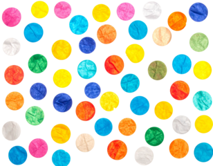 Scattered colorful paper circles, various hues, create a vibrant, textured pattern on black