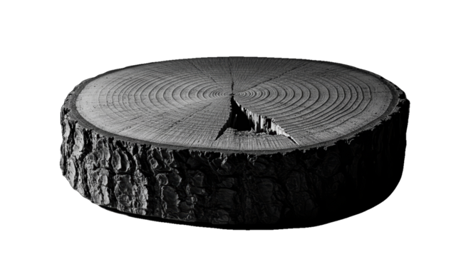 Isolated realistic wood slice with rough texture and dark bark