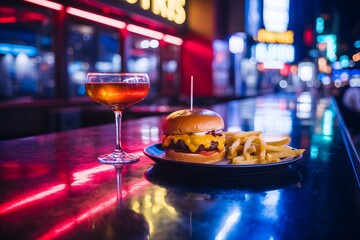Cheeseburger fries and cocktail on bar with neon lights at night french fries