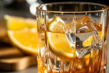 Amber liquid in faceted glass with ice cubes and lemon slice drink image