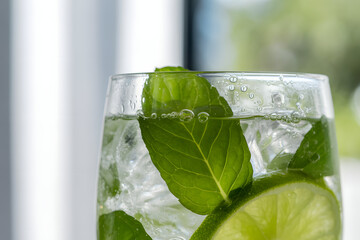 Close up of refreshing drink with lime and mint leaves in glass beverage refreshment