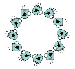 Mugs. Round border made of doodle hand drawn elements. Arranged in a circle for stickers, banners.