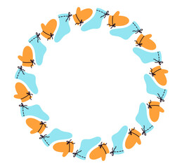 Socks and gloves circle frame. Round border made of doodle hand drawn elements. Arranged in a circle for stickers, banners.