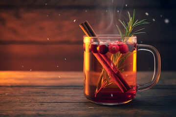 Hot mulled drink with cinnamon sticks cranberries and rosemary in glass mug hot drink mulled wine