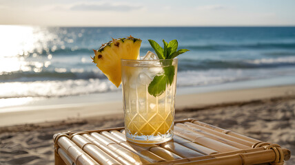 Refreshing Pineapple Drink with Mint and Ice on Bamboo Tray by the Ocean cocktail beverage