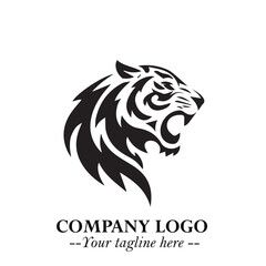 Powerful Head of Tiger Logo Symbol in Black on White Background with Bold Modern Minimalist Design