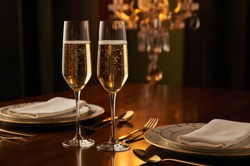 Two champagne flutes filled with golden bubbly liquid on a set table glasses