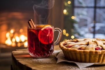 Steaming mulled wine with orange slices and cinnamon sticks next to fruit pie hot drink winter