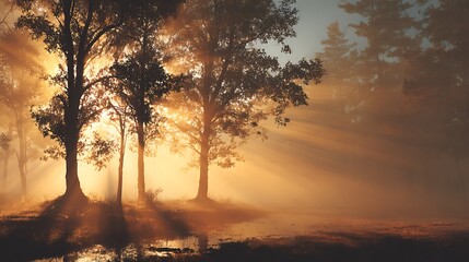 Fototapeta premium Golden light filtering through forest fog with warm glow and misty air, left tree silhouettes and right empty area, perfect natural background for wellness, calm and eco concepts.