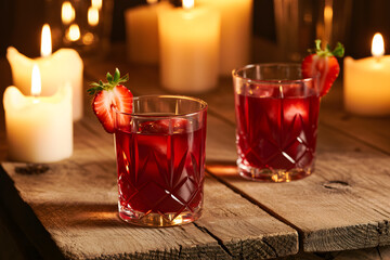 Two red cocktails with strawberries and ice on rustic wooden table with candles drink strawberry
