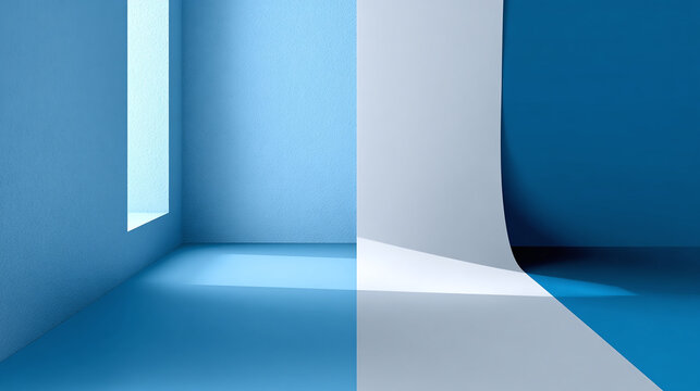 Modern abstract interior space with a blend of light and shadow, featuring geometric shapes and forms. The color palette of blue shades enhances the visual composition