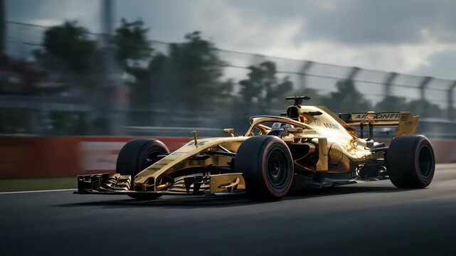 Golden Formula 1 Race Car Speeding on Track with Grandstand Crowd and Sun Flare