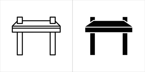 Illustration of a traditional asian gate, presented in both a line drawing and a solid black fill