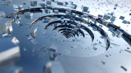 Polished geometric shards form a floating spiral, hyperrealistic and dynamic, symbolizing transformation, infinite flow, structured creativity, energy in motion, and the elegant geometry of abstract i