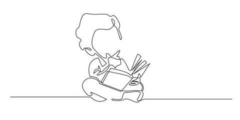 Continuous line drawing of a child reading a book with a thoughtful expression, placing a finger on the chin. One line art showing a curious kid thinking while studying or learning.