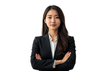 Confident young Asian businesswoman with arms crossed, wearing a black suit, standing isolated on white background
